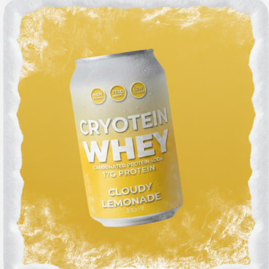 Cryotein Whey Cloudy Lemonade can on a yellow textured background