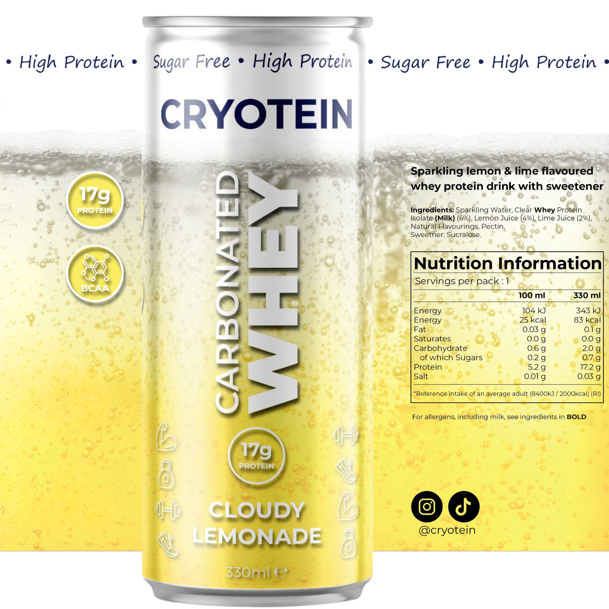 Cryotein Carbonated Whey protein drink can with lemon flavor on a white background