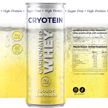 Cryotein Carbonated Whey protein drink can with lemon flavor on a white background