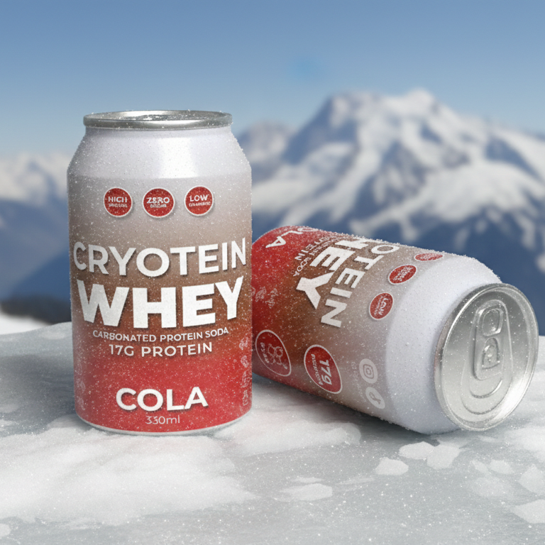 Two cans of Cryotein Whey Cola on a snowy surface with mountains in the background.
