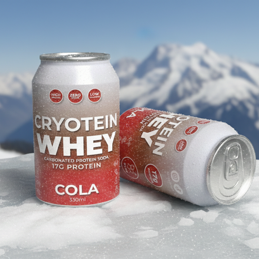Two cans of Cryotein Whey Cola on a snowy surface with mountains in the background.