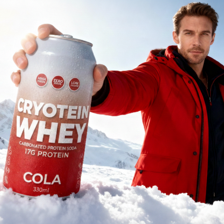 Man holding a can of Cryotein Whey Cola in a snowy landscape