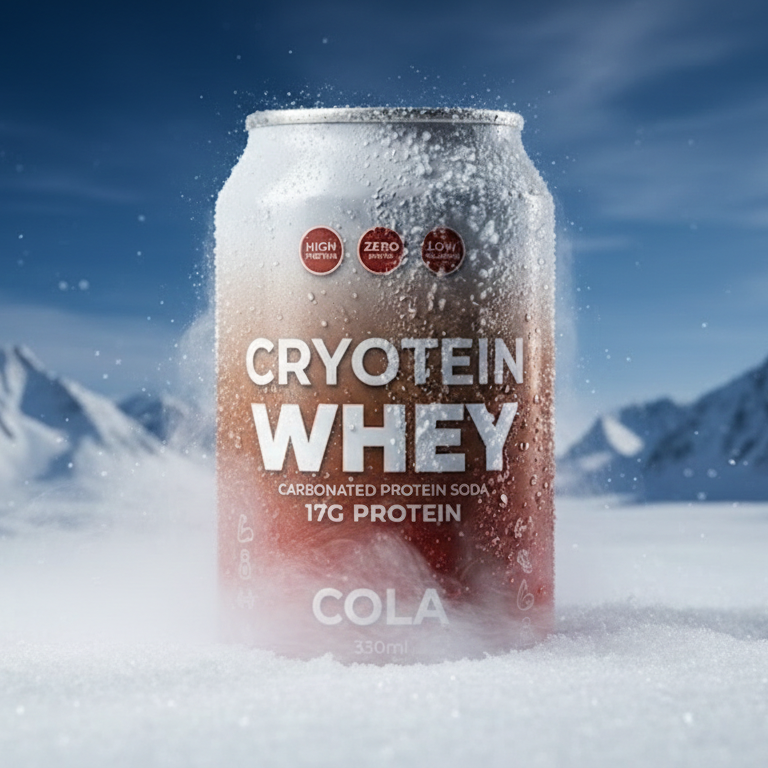 Cryotein Whey Cola can in a snowy mountain landscape