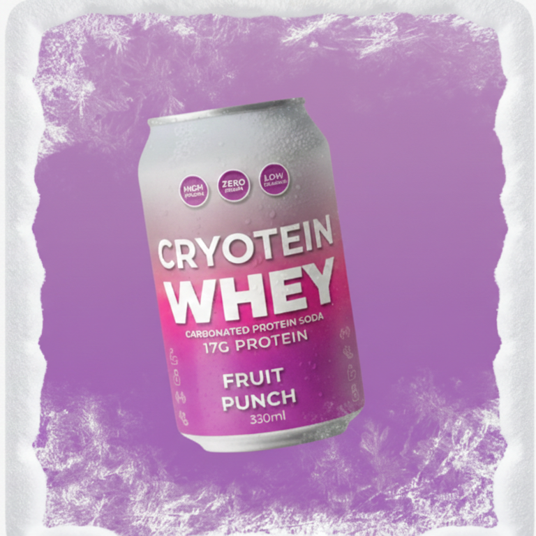 Cryotein Whey protein soda can on a purple background