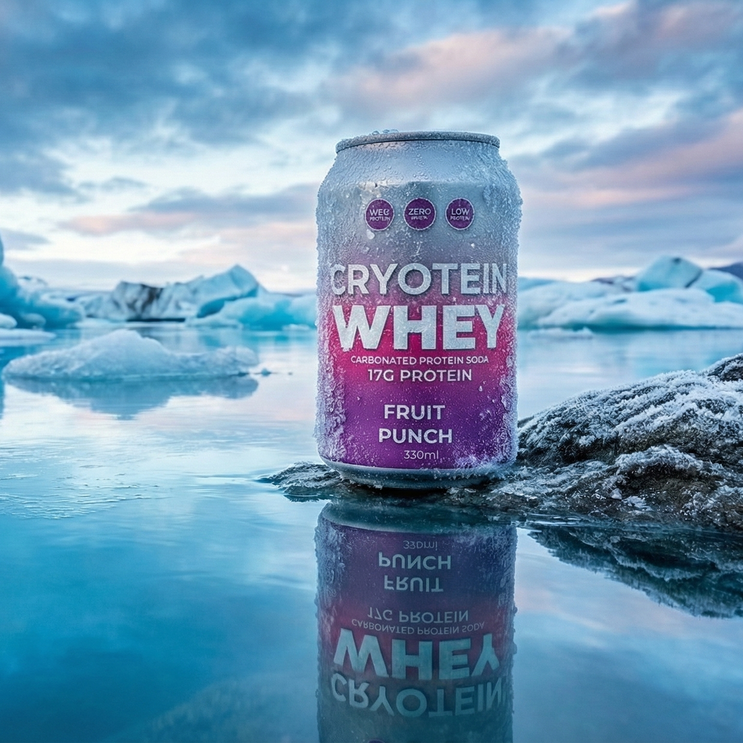 Cryotein Whey protein powder can with a scenic background of icebergs and water.