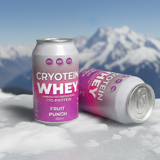 Cryoter Whey protein cans on snow with mountains in the background