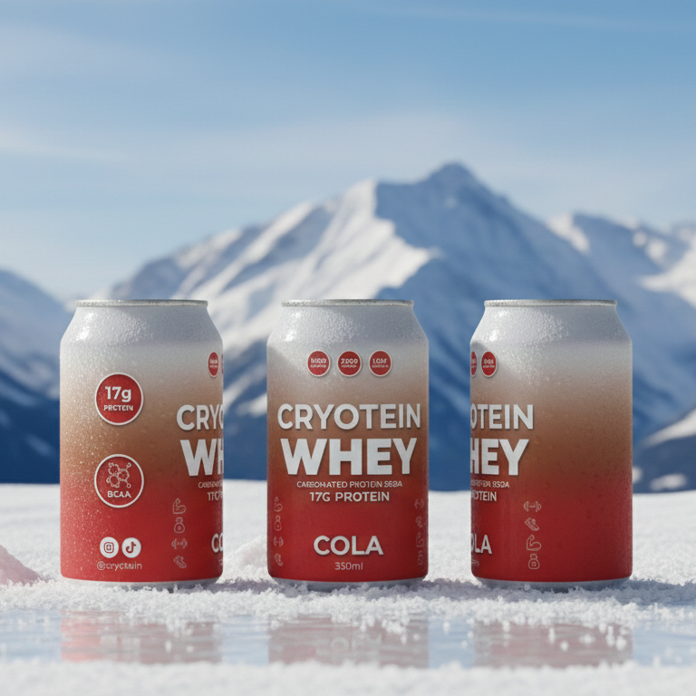Three cans of Cryotein Whey protein drink in a snowy landscape with mountains in the background