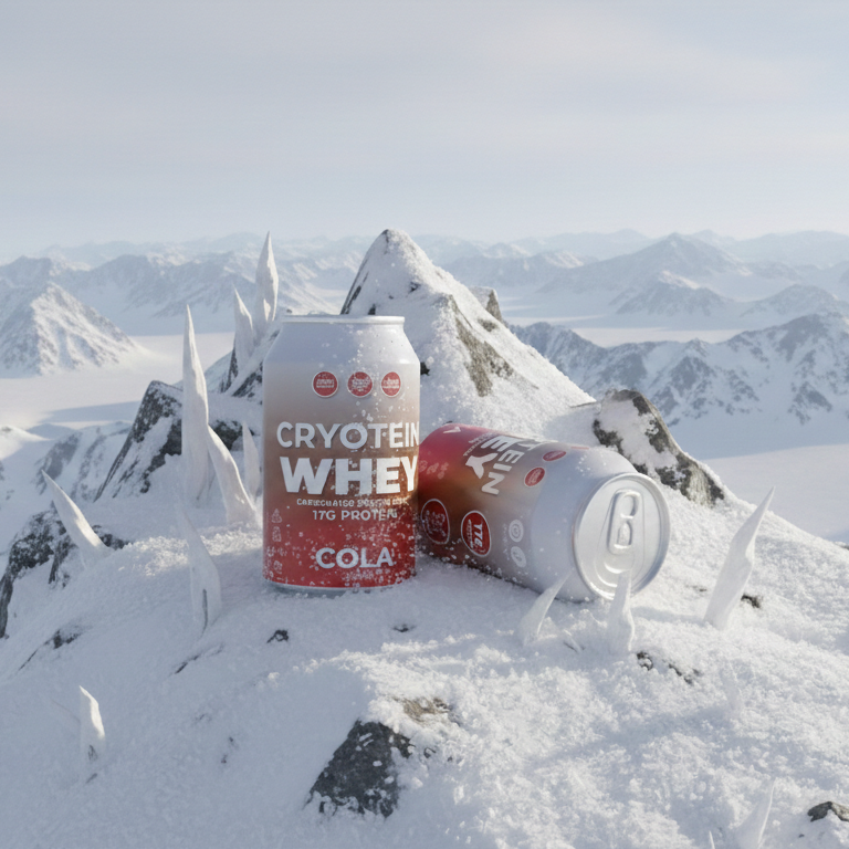 Two cans of Cryotein Cola on a snowy mountain peak with snow-capped mountains in the background.