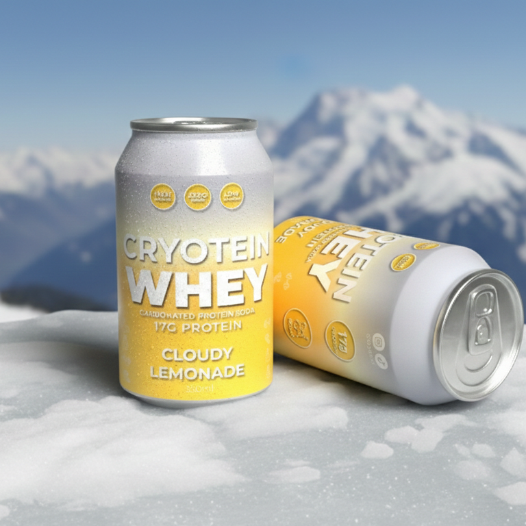 Two cans of Cryotein Whey Cloudy Lemonade on a snowy surface with mountains in the background