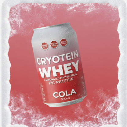Cryotein Whey Cola can on a textured red and white background