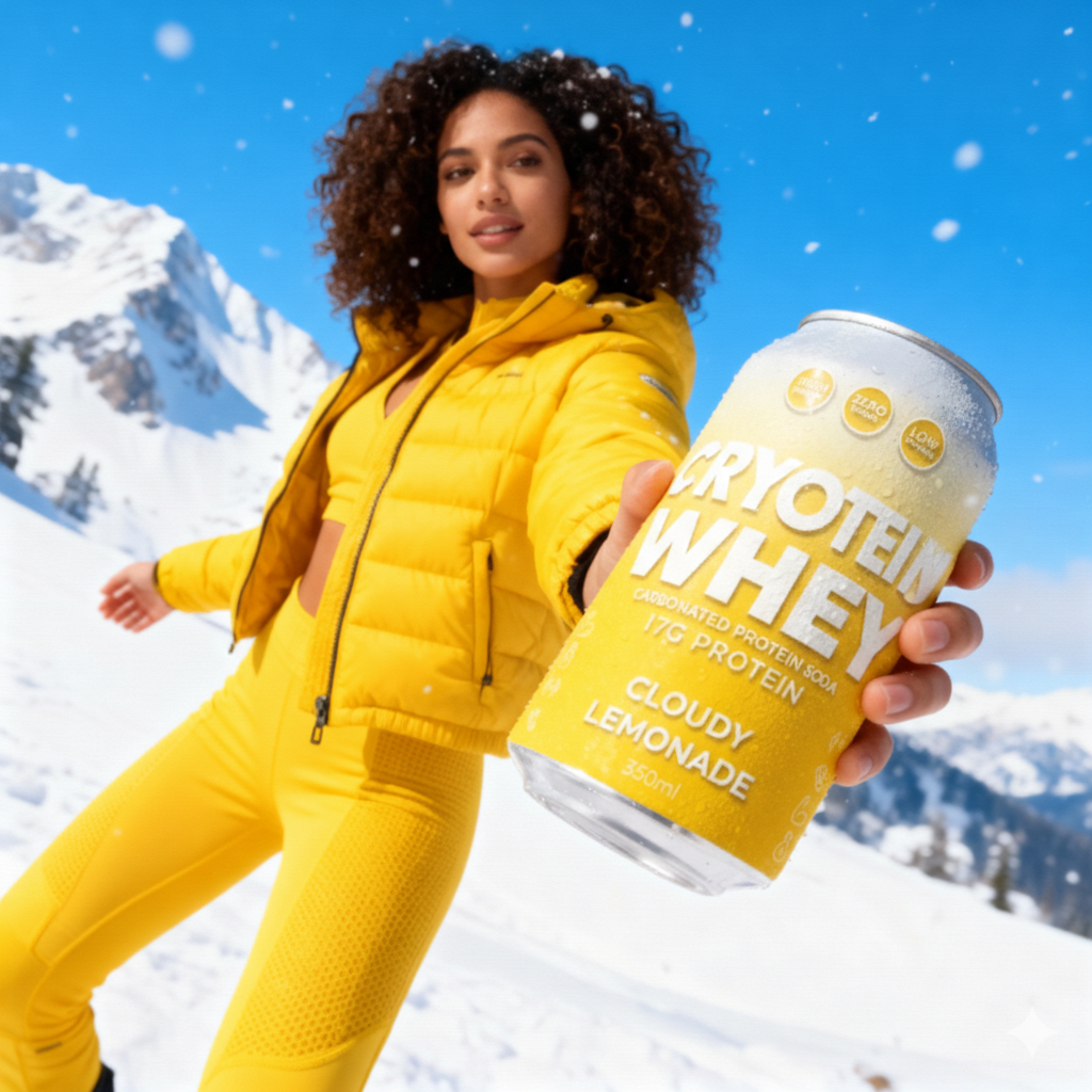 Person in yellow winter outfit holding a can of Cryoteam Whey protein powder in a snowy mountain setting