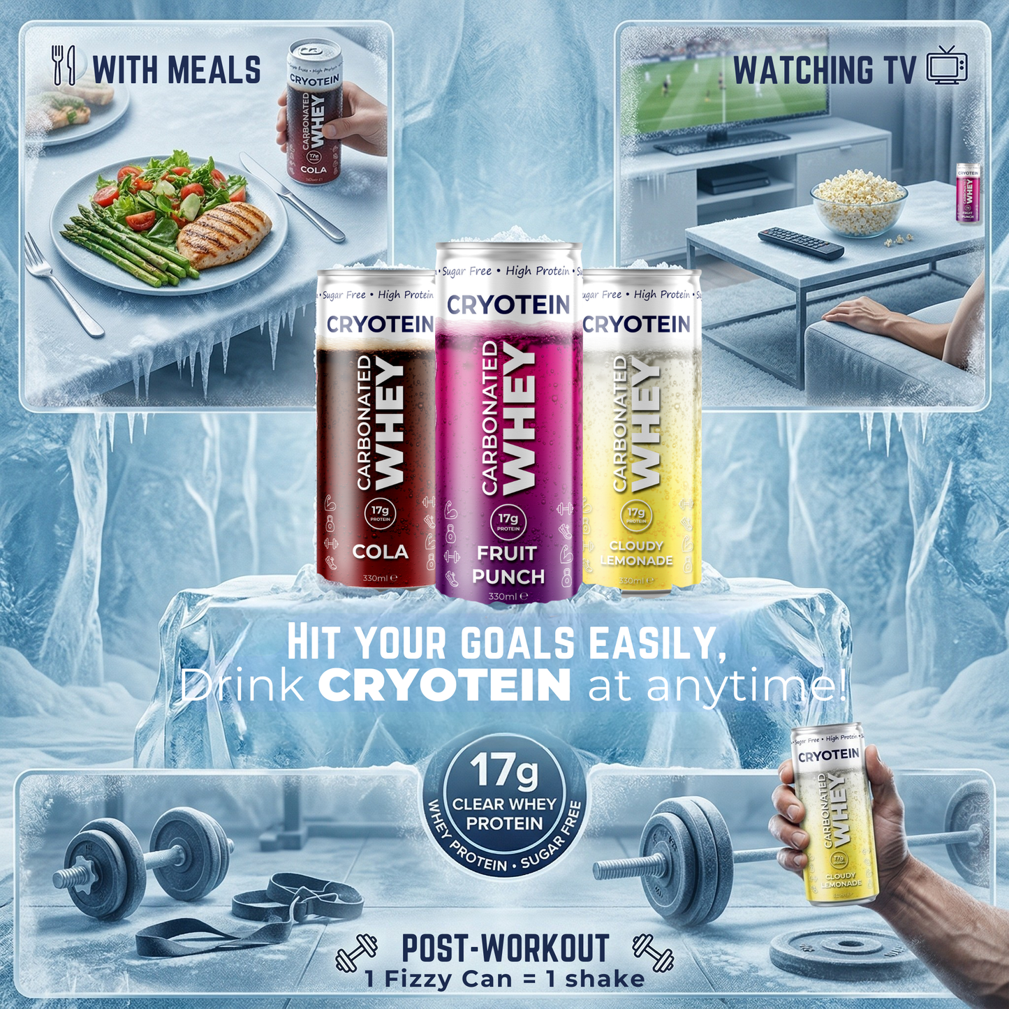 Cryotein whey protein cans with lifestyle images of eating, watching TV, and exercising.
