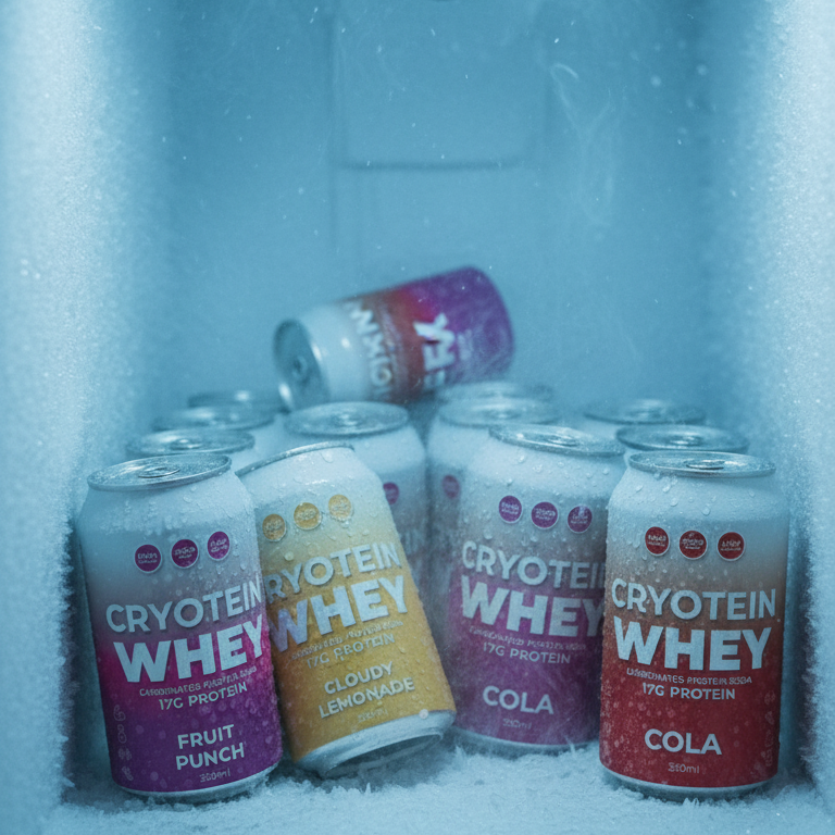 Cryoteam Whey protein drinks in a freezer