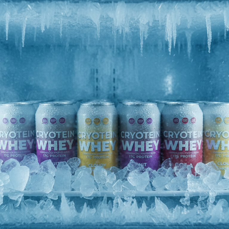 Cryotein Whey protein powder cans in a freezer with ice crystals.
