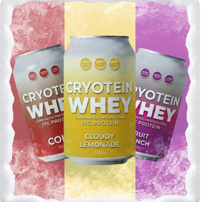Three cans of Cryotein Whey protein soda on a colorful background