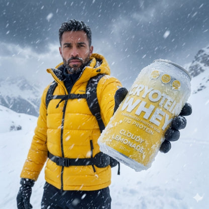 Man in yellow jacket holding a container of Cryoteam Whey protein powder in a snowy landscape