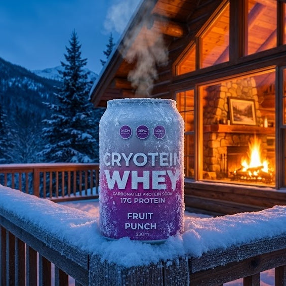 Cryotein Whey protein powder can on a snowy deck with a cabin in the background